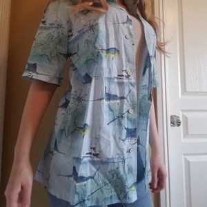 New Joe Marlin Blue Fish Pattern Button-Up